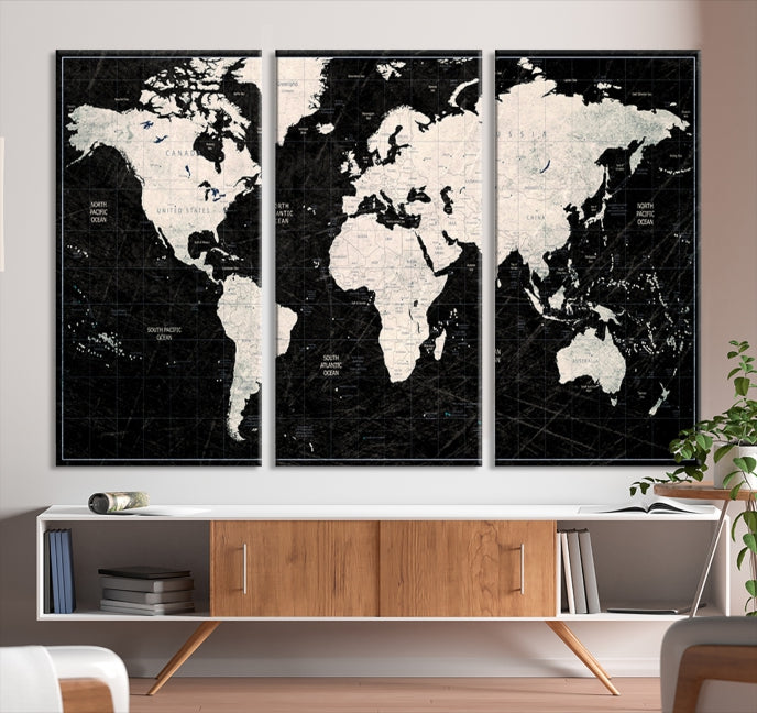 White Colored Push Pin World Map on Stratched Black Background Large Canvas Print Framed Wall Art