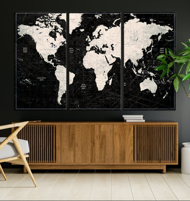 White Colored Push Pin World Map on Stratched Black Background Large Canvas Print Framed Wall Art