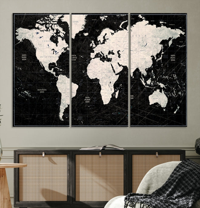 White Colored Push Pin World Map on Stratched Black Background Large Canvas Print Framed Wall Art