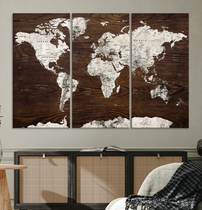 White Coloured World Map on Brown Background Large Canvas Print Wall Art