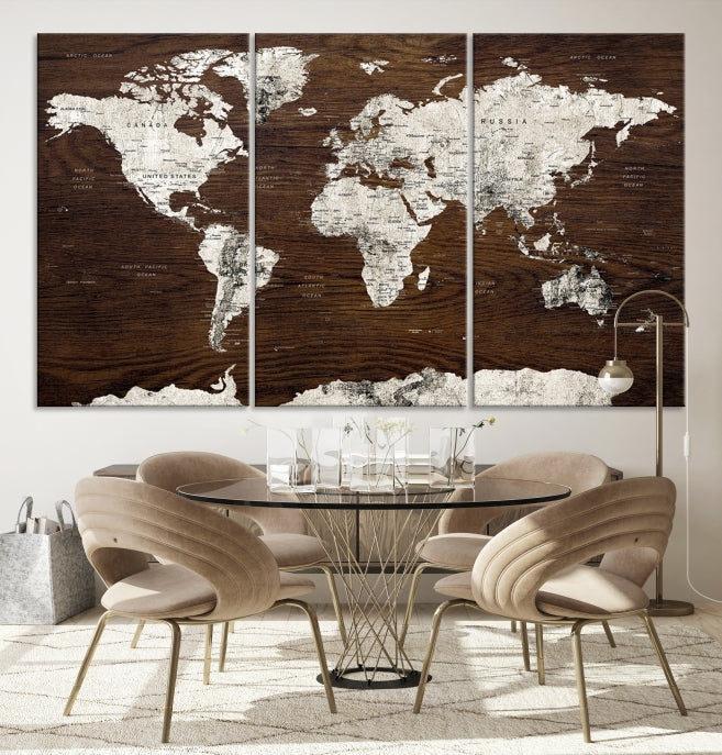 White Coloured World Map on Brown Background Large Canvas Print Wall Art