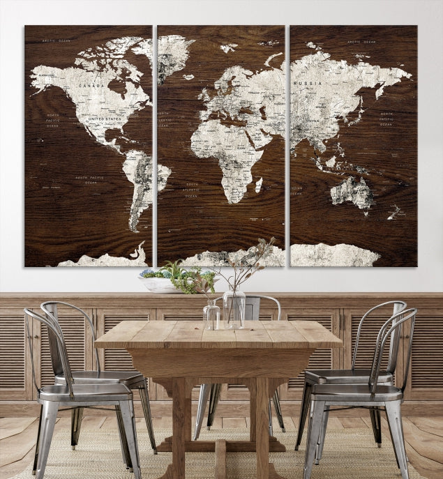 White Coloured World Map on Brown Background Large Canvas Print Wall Art