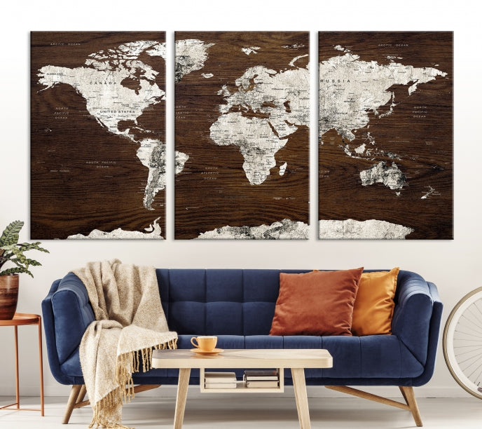 White Coloured World Map on Brown Background Large Canvas Print Wall Art