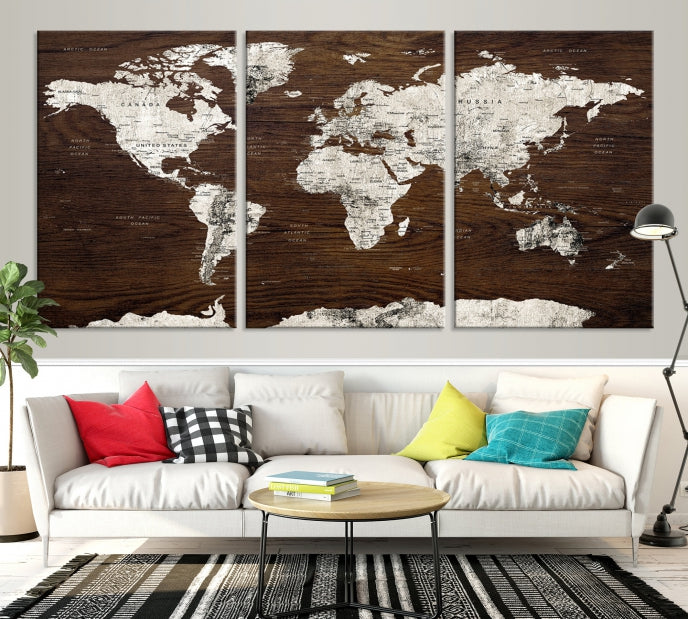 White Coloured World Map on Brown Background Large Canvas Print Wall Art