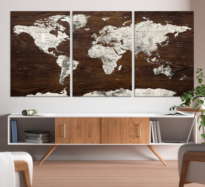 White Coloured World Map on Brown Background Large Canvas Print Wall Art