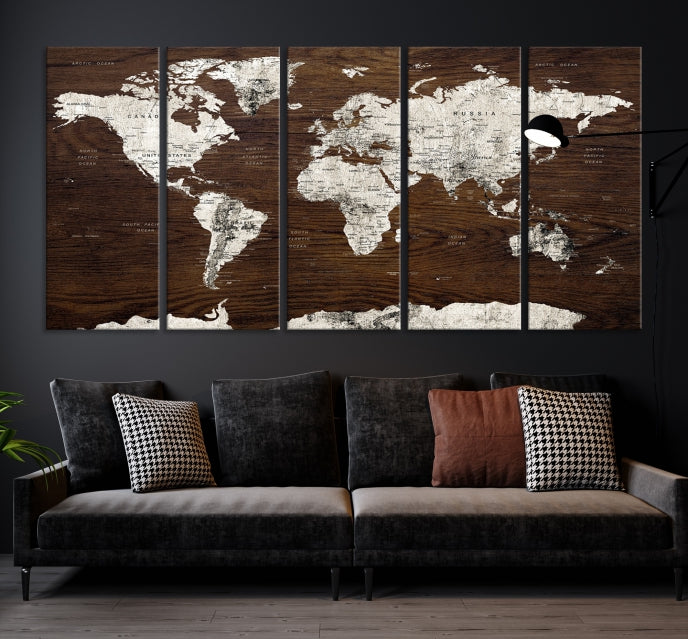 White Coloured World Map on Brown Background Large Canvas Print Wall Art