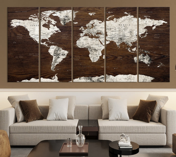 White Coloured World Map on Brown Background Large Canvas Print Wall Art