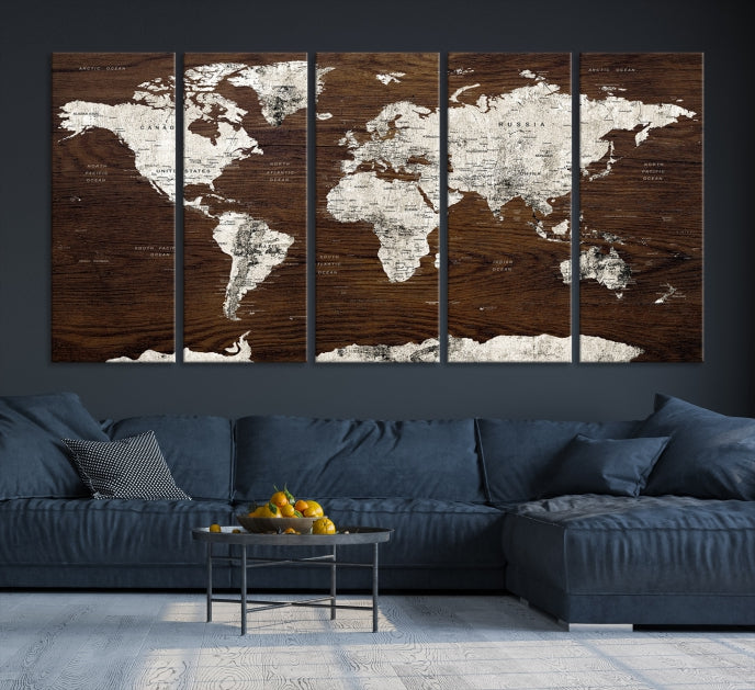 White Coloured World Map on Brown Background Large Canvas Print Wall Art