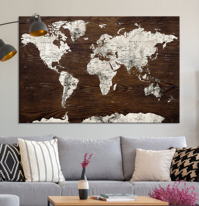 White Coloured World Map on Brown Background Large Canvas Print Wall Art