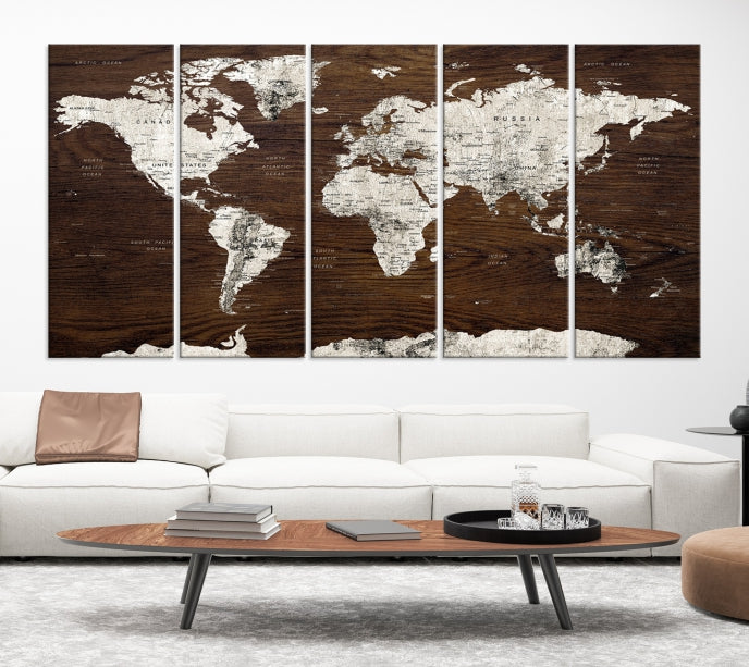 White Coloured World Map on Brown Background Large Canvas Print Wall Art