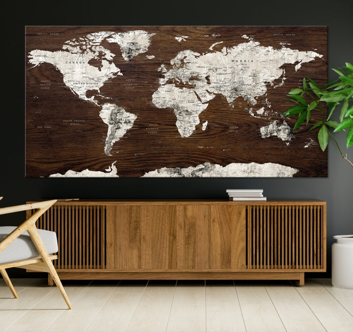 White Coloured World Map on Brown Background Large Canvas Print Wall Art