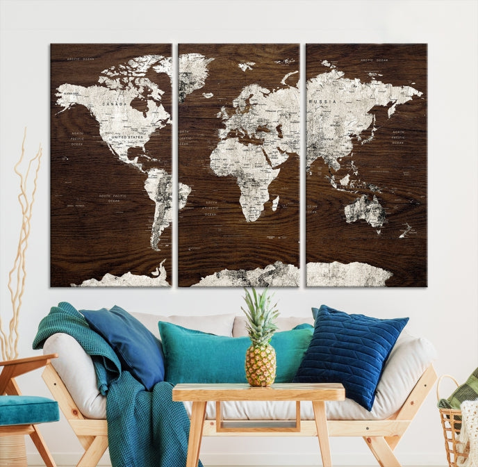 White Coloured World Map on Brown Background Large Canvas Print Wall Art