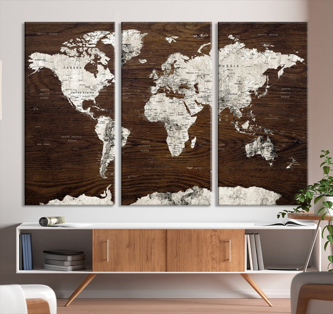 White Coloured World Map on Brown Background Large Canvas Print Wall Art