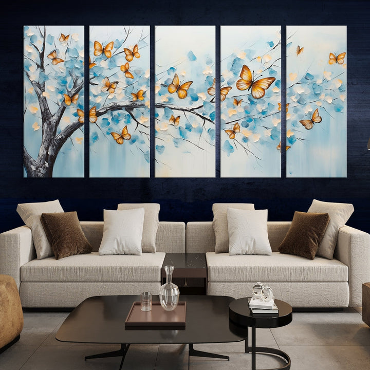 White Flowers Canvas Tree Painting with Butterflies Modern Wall Art Set of Print