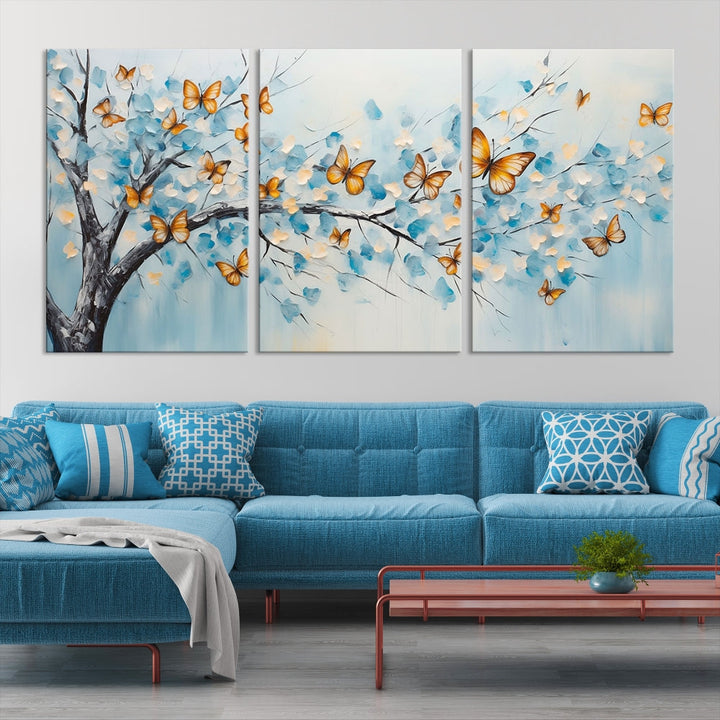 White Flowers Canvas Tree Painting with Butterflies Modern Wall Art Set of Print