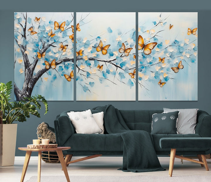 White Flowers Canvas Tree Painting with Butterflies Modern Wall Art Set of Print