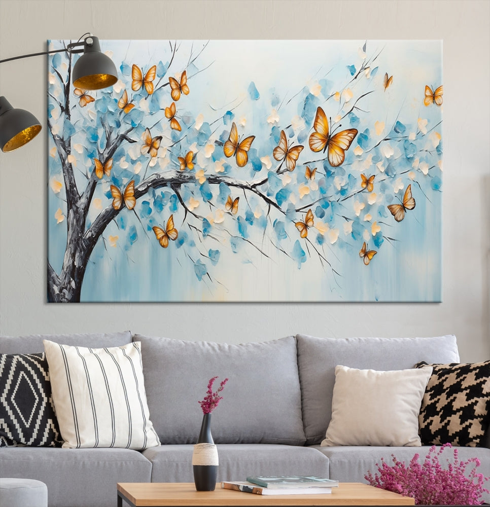 White Flowers Canvas Tree Painting with Butterflies Modern Wall Art Set of Print