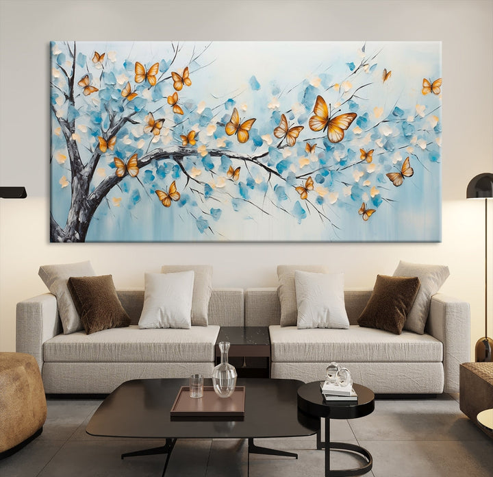 White Flowers Canvas Tree Painting with Butterflies Modern Wall Art Set of Print