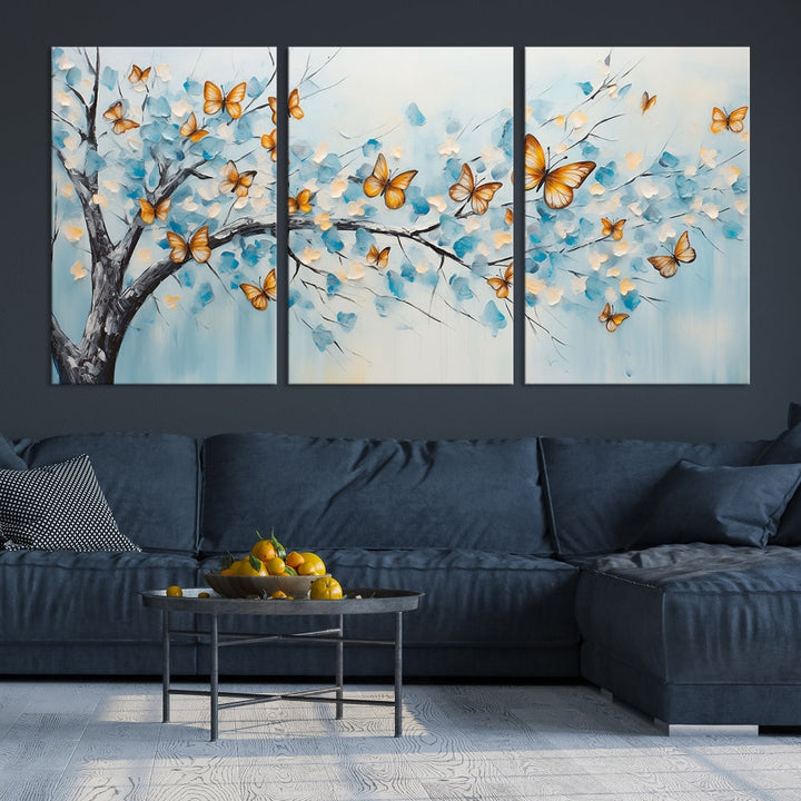 White Flowers Canvas Tree Painting with Butterflies Modern Wall Art Set of Print