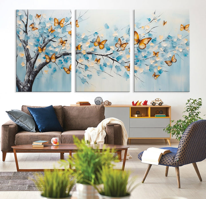 White Flowers Canvas Tree Painting with Butterflies Modern Wall Art Set of Print