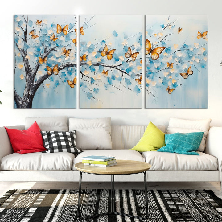 White Flowers Canvas Tree Painting with Butterflies Modern Wall Art Set of Print