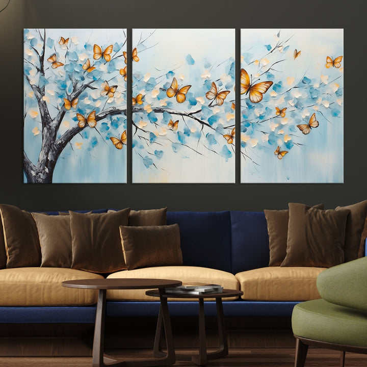 White Flowers Canvas Tree Painting with Butterflies Modern Wall Art Set of Print