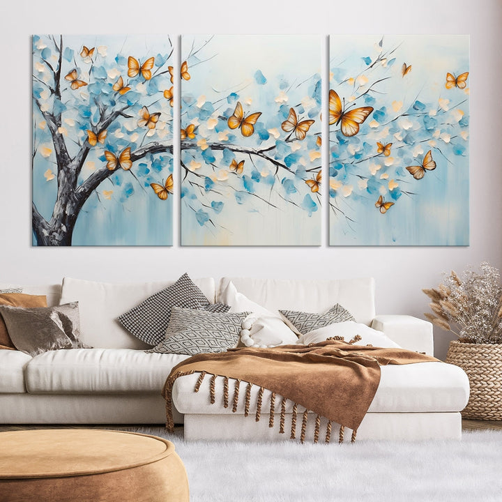 White Flowers Canvas Tree Painting with Butterflies Modern Wall Art Set of Print