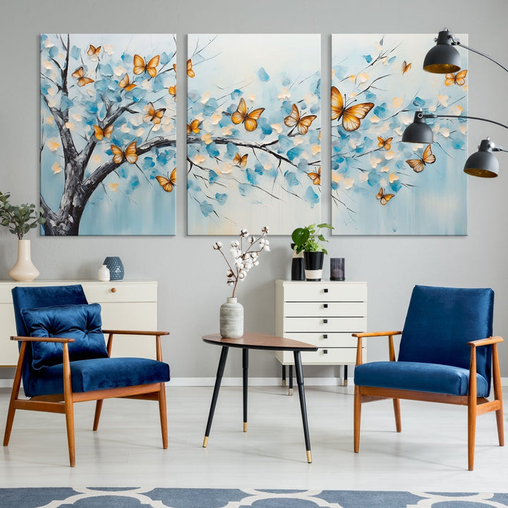 White Flowers Canvas Tree Painting with Butterflies Modern Wall Art Set of Print