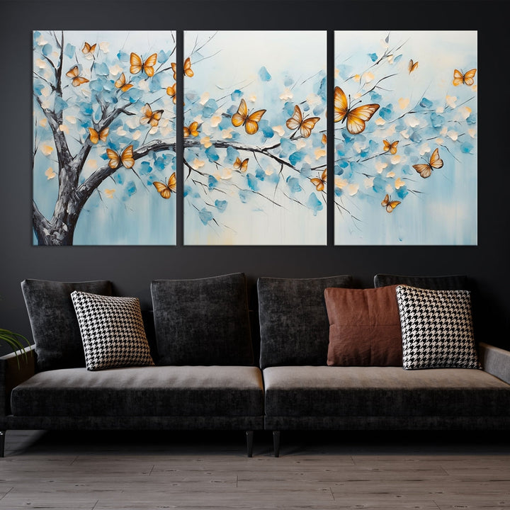 White Flowers Canvas Tree Painting with Butterflies Modern Wall Art Set of Print