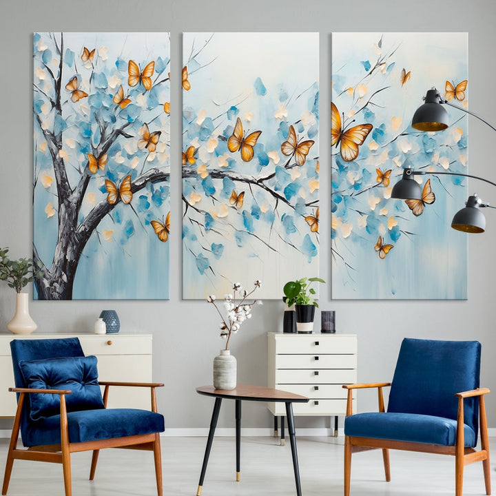 White Flowers Canvas Tree Painting with Butterflies Modern Wall Art Set of Print