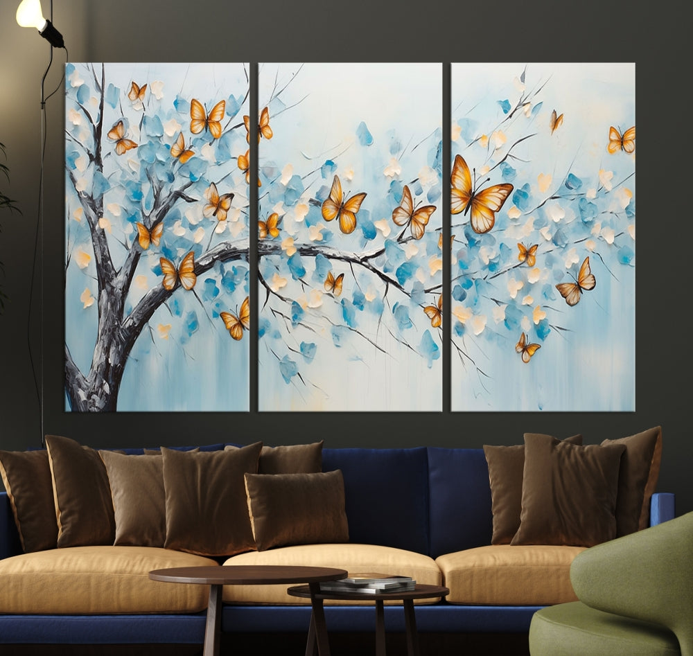 White Flowers Canvas Tree Painting with Butterflies Modern Wall Art Set of Print