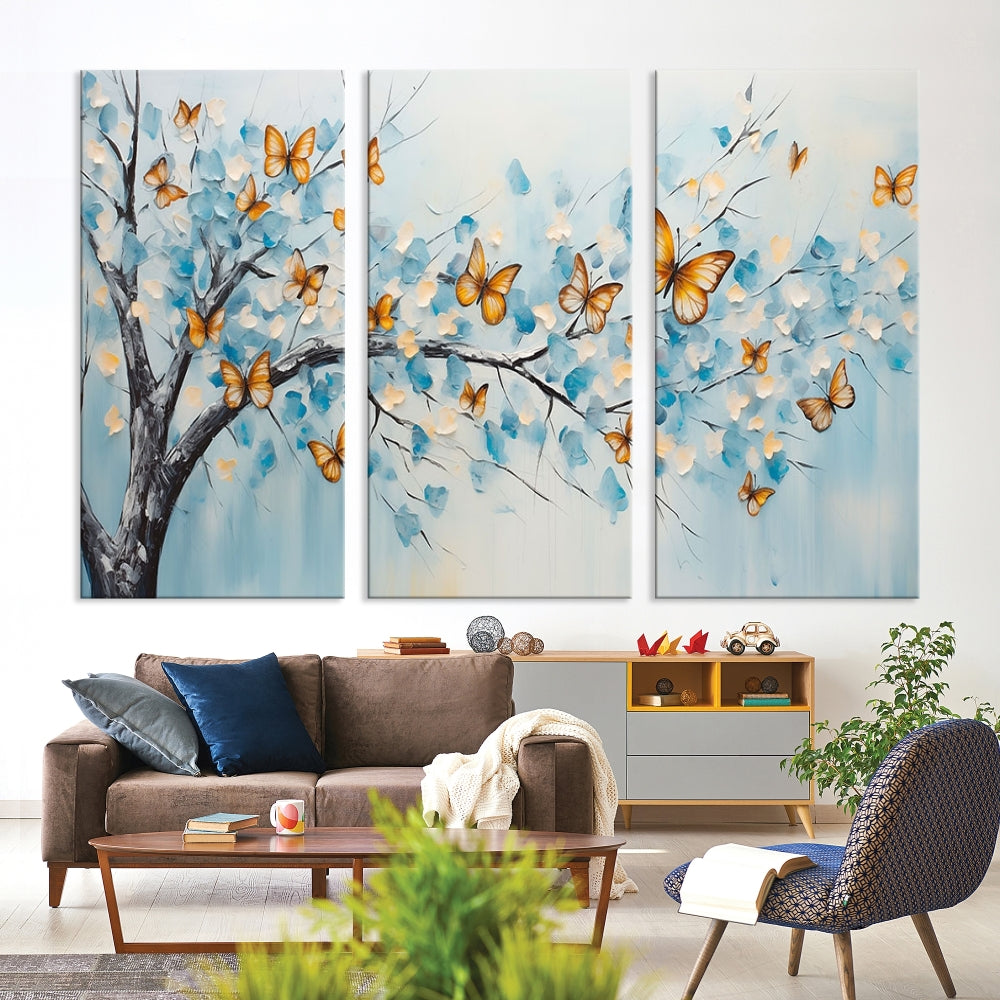 White Flowers Canvas Tree Painting with Butterflies Modern Wall Art Set of Print