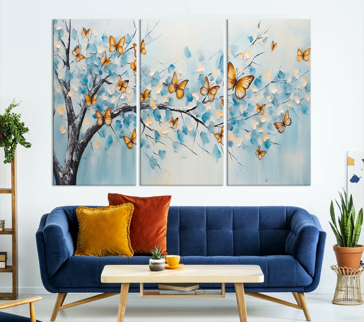 White Flowers Canvas Tree Painting with Butterflies Modern Wall Art Set of Print