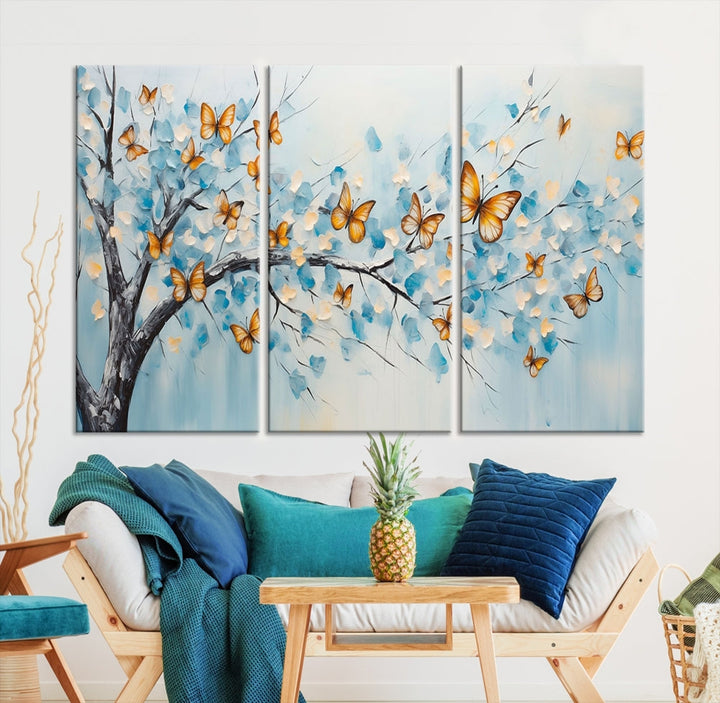 White Flowers Canvas Tree Painting with Butterflies Modern Wall Art Set of Print