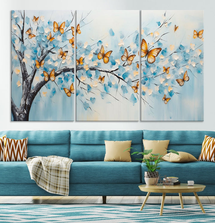 White Flowers Canvas Tree Painting with Butterflies Modern Wall Art Set of Print