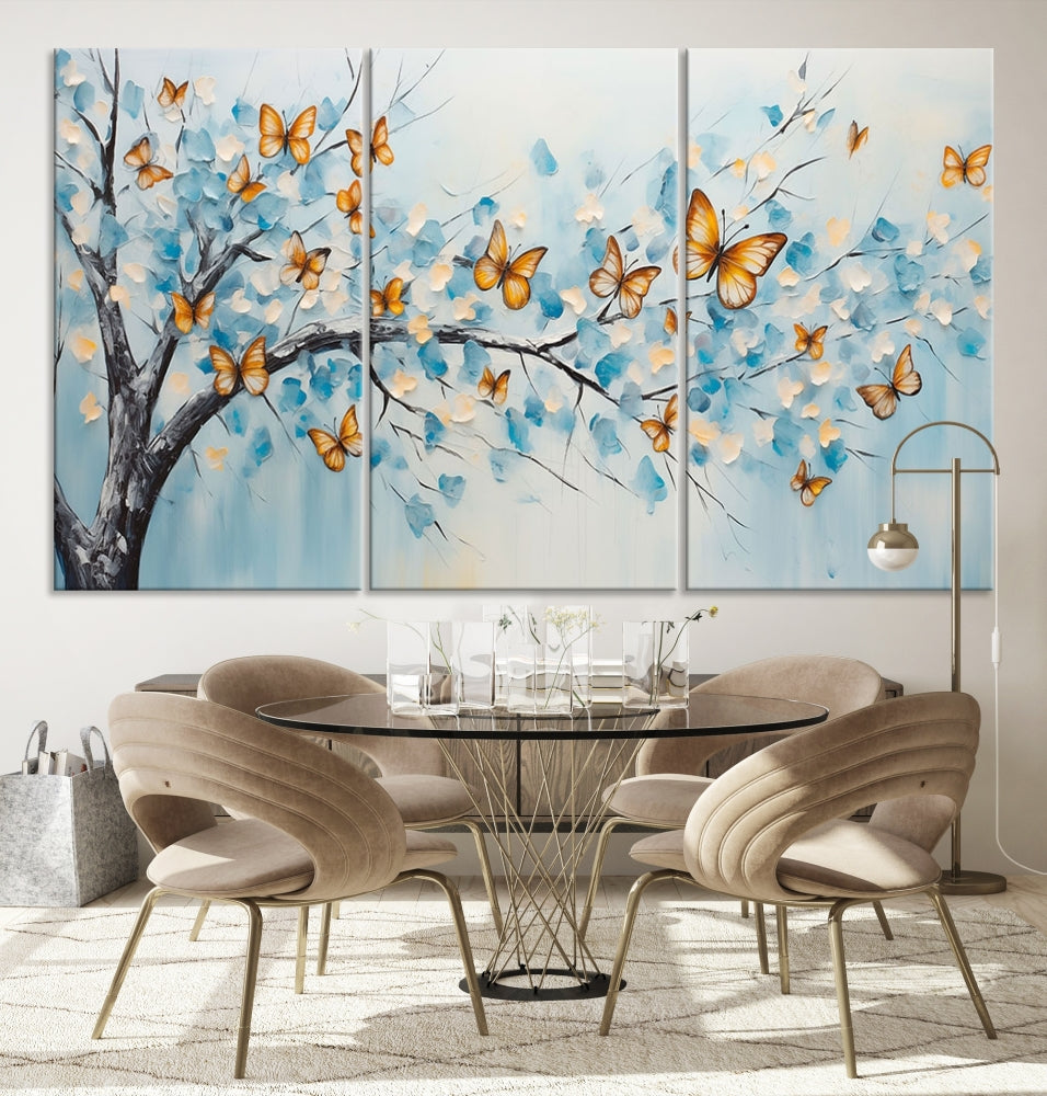 White Flowers Canvas Tree Painting with Butterflies Modern Wall Art Set of Print