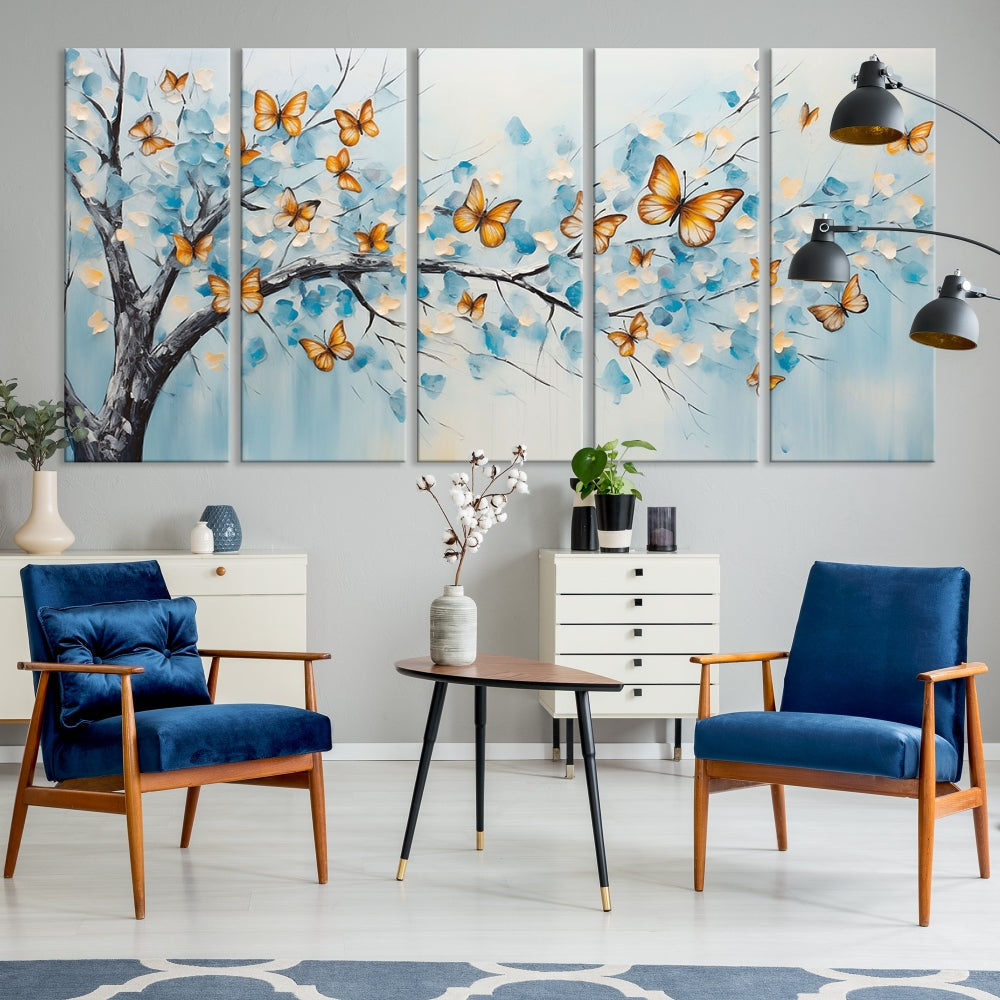 White Flowers Canvas Tree Painting with Butterflies Modern Wall Art Set of Print