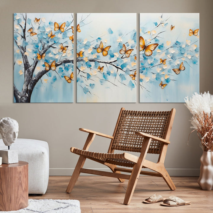 White Flowers Canvas Tree Painting with Butterflies Modern Wall Art Set of Print