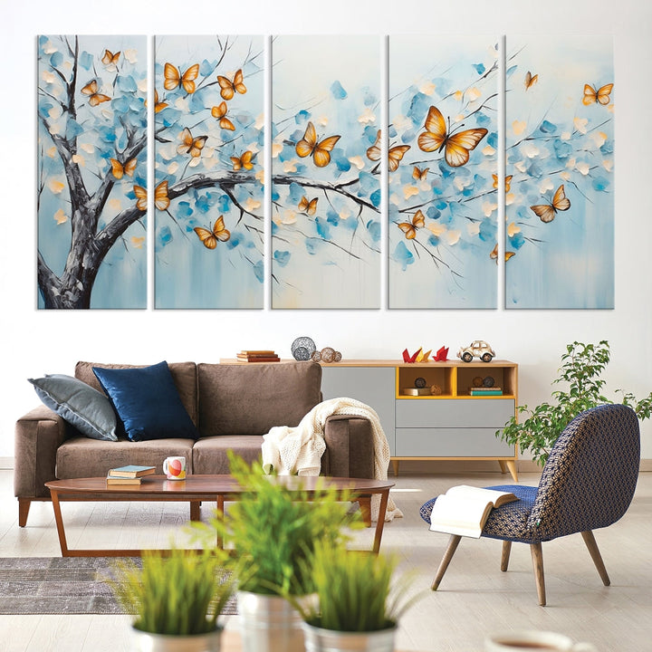 White Flowers Canvas Tree Painting with Butterflies Modern Wall Art Set of Print