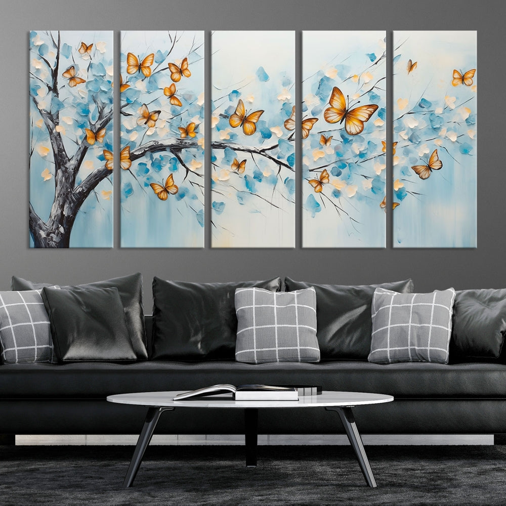 White Flowers Canvas Tree Painting with Butterflies Modern Wall Art Set of Print