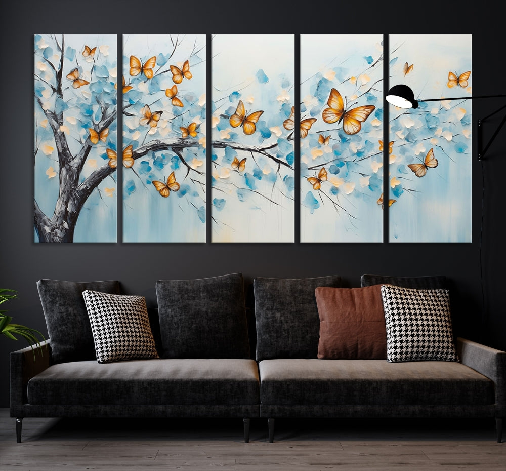 White Flowers Canvas Tree Painting with Butterflies Modern Wall Art Set of Print