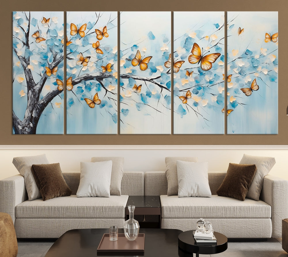 White Flowers Canvas Tree Painting with Butterflies Modern Wall Art Set of Print