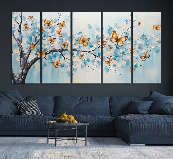 White Flowers Canvas Tree Painting with Butterflies Modern Wall Art Set of Print