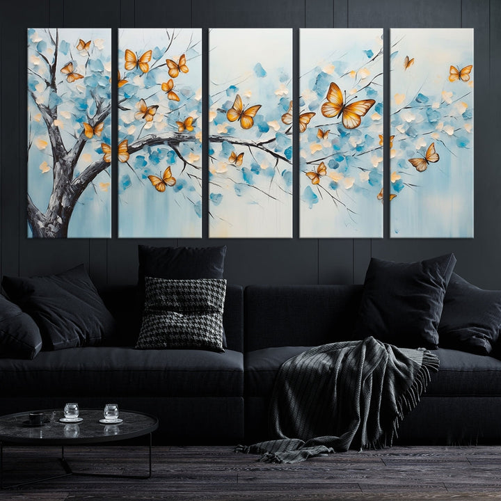 White Flowers Canvas Tree Painting with Butterflies Modern Wall Art Set of Print