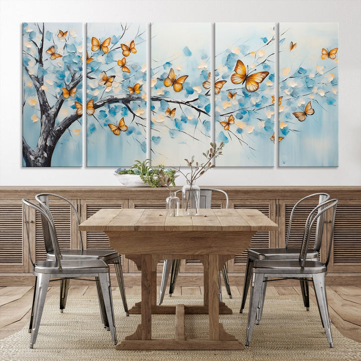 White Flowers Canvas Tree Painting with Butterflies Modern Wall Art Set of Print