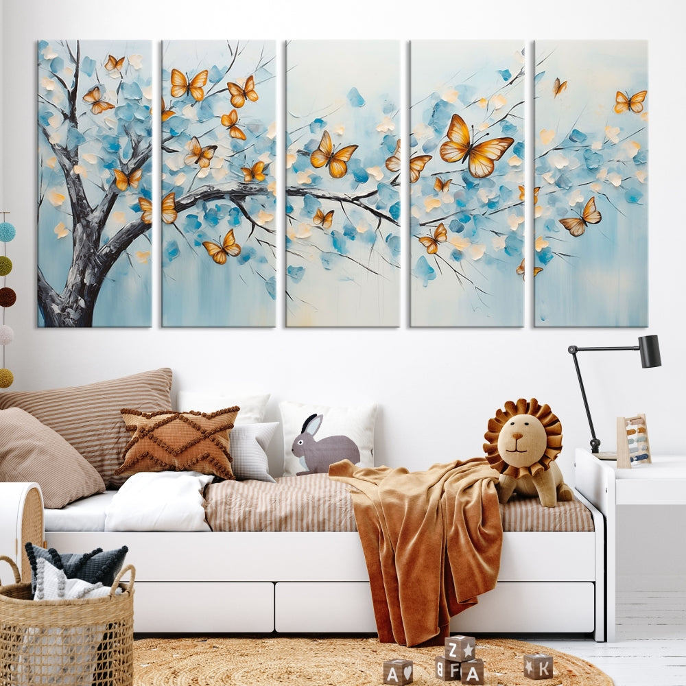 White Flowers Canvas Tree Painting with Butterflies Modern Wall Art Set of Print