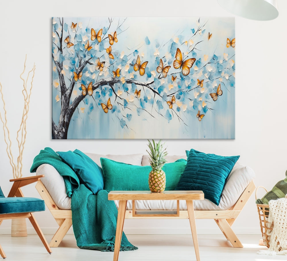 White Flowers Canvas Tree Painting with Butterflies Modern Wall Art Set of Print