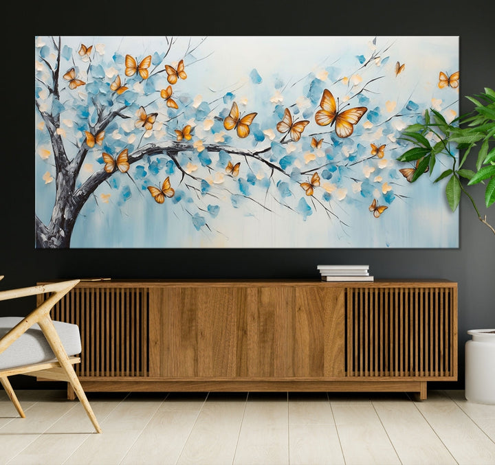 White Flowers Canvas Tree Painting with Butterflies Modern Wall Art Set of Print