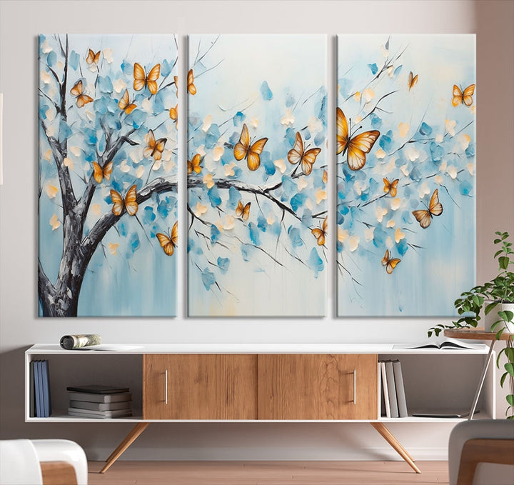 White Flowers Canvas Tree Painting with Butterflies Modern Wall Art Set of Print