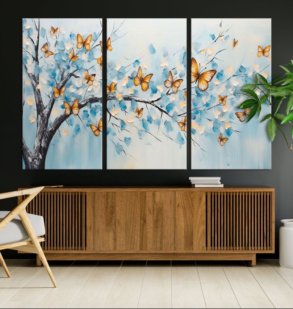 White Flowers Canvas Tree Painting with Butterflies Modern Wall Art Set of Print